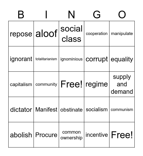 Animal Farm Vocab List 1 Bingo Card