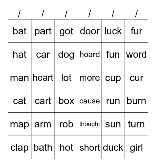 Vowel sounds Bingo Card
