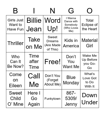 80s Music Bingo Card