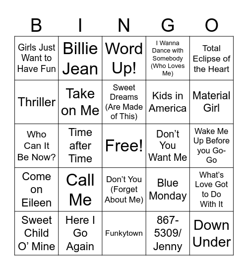 80s Music Bingo Card