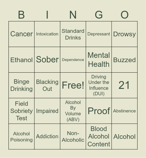 Alcohol Facts BINGO Card