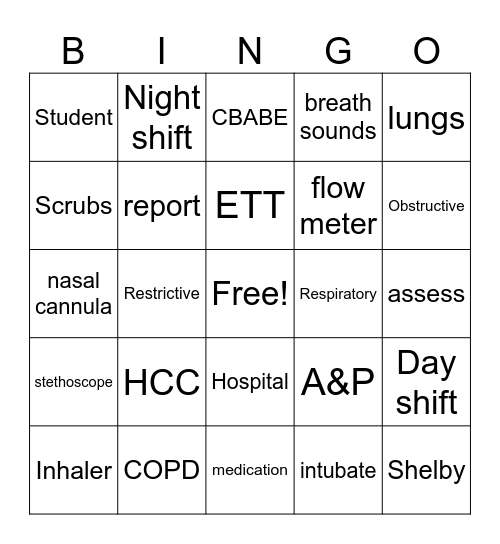 Respiratory Therapy Bingo Card
