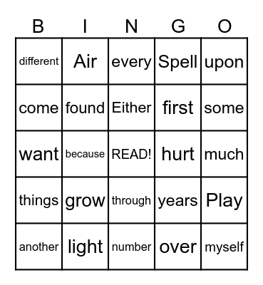 5th Grade Sight Wordse Bingo Card