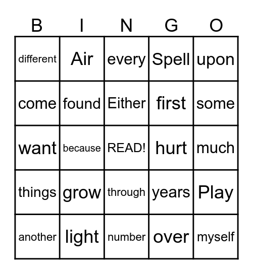 5th Grade Sight Wordse Bingo Card