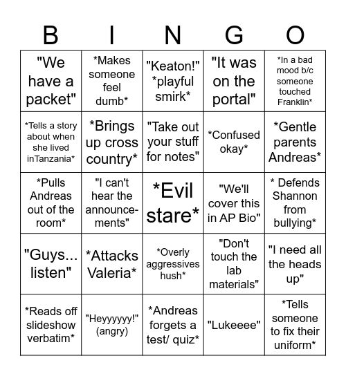 Bio Bingo Card