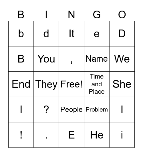 Punctuation; Elements; Poss. Pronouns Bingo Card