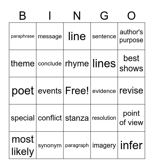 STAAR Vocabulary Bingo Card