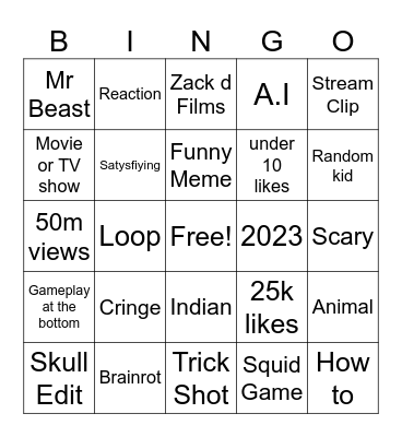 YT Shorts Bingo Card