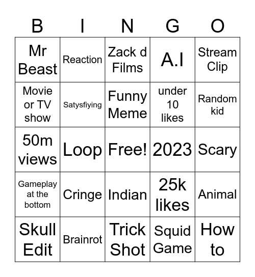 YT Shorts Bingo Card