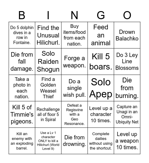 Genshin Impact - Solo Bingo Card