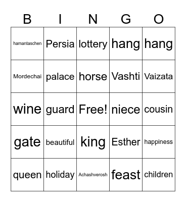 Purim Bingo Card