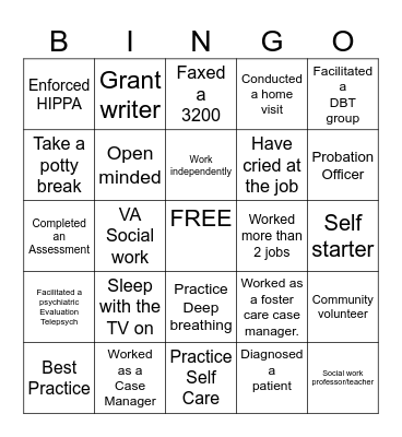 Social Worker Bingo Card
