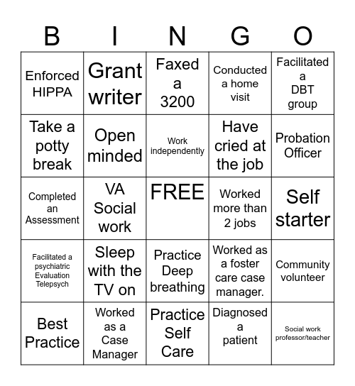Social Worker Bingo Card
