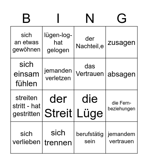 Beziehungen fern und nah Bingo Card