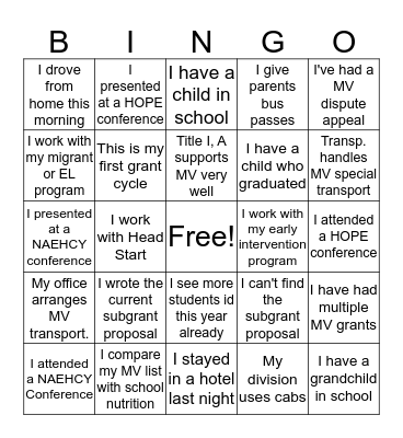 McKinney-Vento Subgrantees Bingo Card