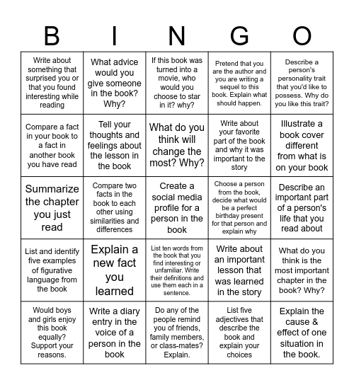 Independent Reading Bingo Card