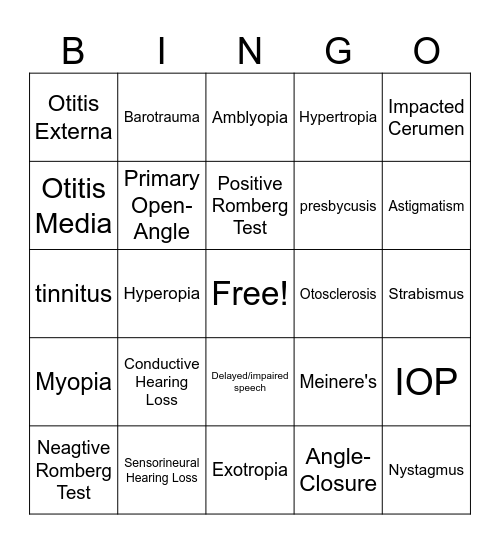 Sensory Bingo Card
