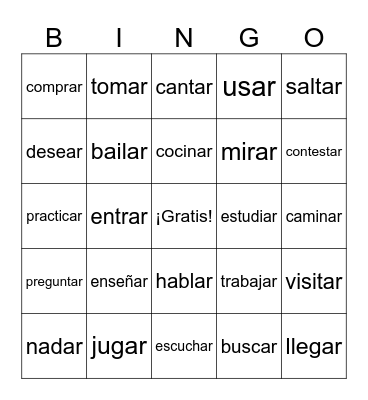 Regular AR verbs - Español I Bingo Card