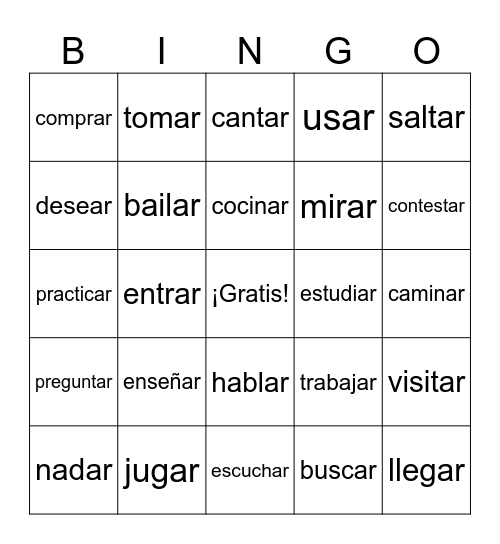 Regular AR verbs - Español I Bingo Card