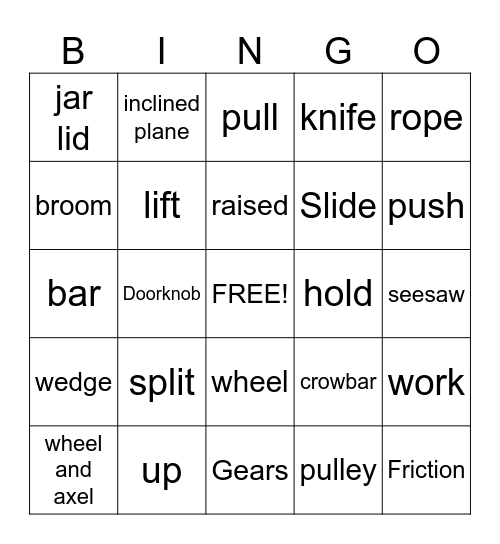 Simple Machines Bingo Card