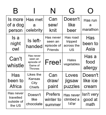 Just For Fun Bingo Card