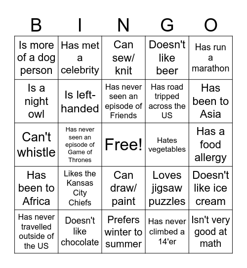 Just For Fun Bingo Card