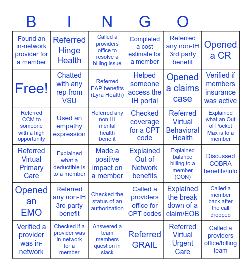 IH Bingo Card