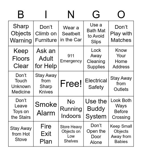 Personal Safety Bingo Card