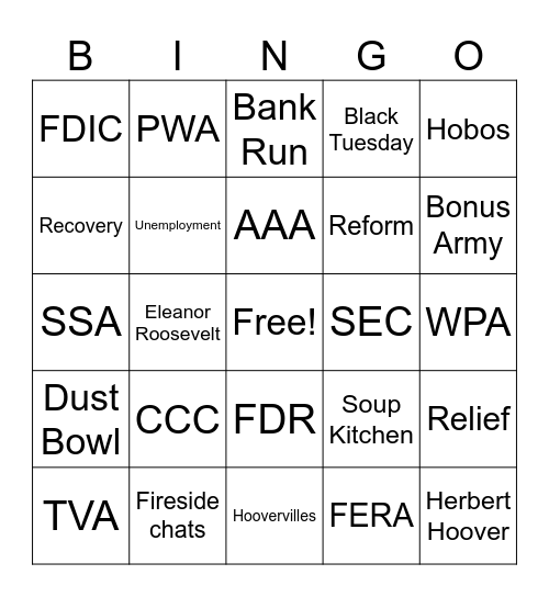 The Great Depression and New Deal Bingo Card