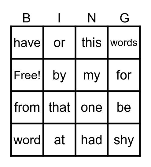 Fry's 21-30 Bingo Card