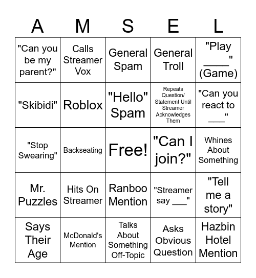 AmselTV Tikitok Chat Cringe Bino Bingo Card