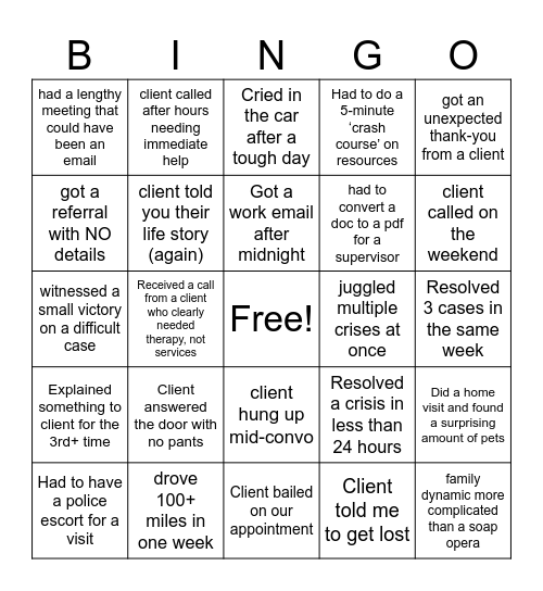 SOCIAL WORK BINGO Card