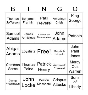 American Revolutionary People Bingo Card
