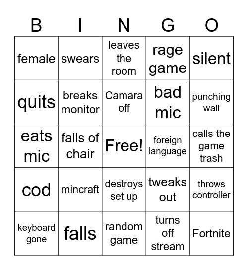 Streamer rage Bingo Card
