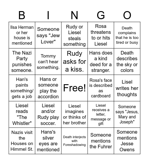 The Book Thief Bingo Card