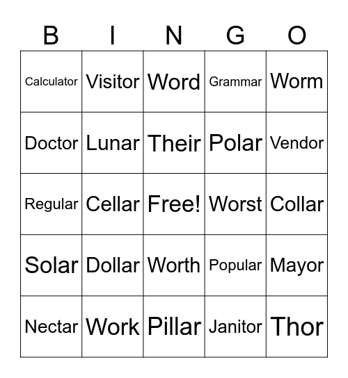 or and ar as /er/ Bingo Card