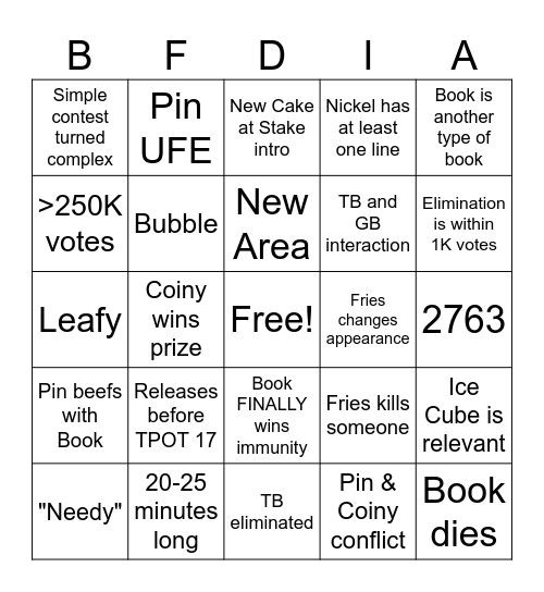 BFDIA 19 Bingo Card