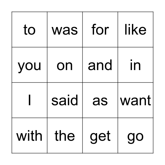 Sight Word Bingo Card