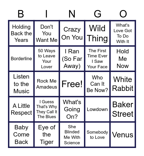 MUSIC BINGO at the Ann Arbor Eagles!  70s and 80s Nostalgia! Bingo Card