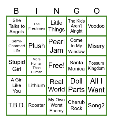 MUSIC BINGO at the Ann Arbor Eagles!  90s Grunge/Rock (...both?) Bingo Card