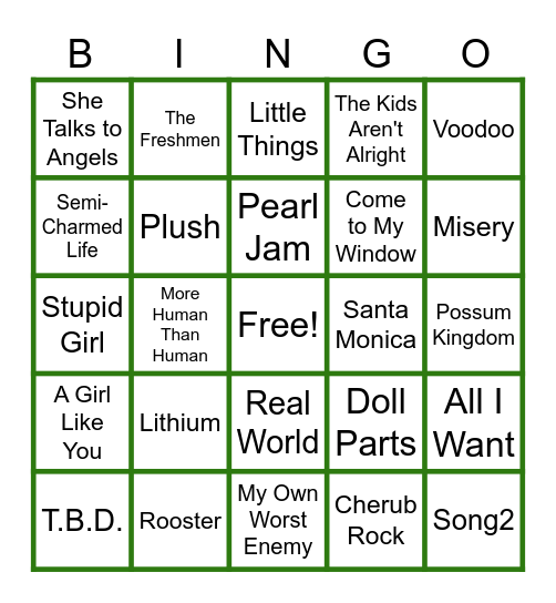 MUSIC BINGO at the Ann Arbor Eagles!  90s Grunge/Rock (...both?) Bingo Card