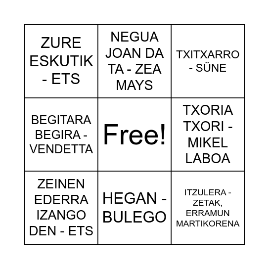 BINGO MUSIKALA Bingo Card