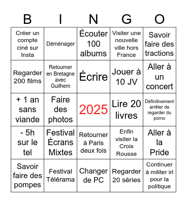 Bingo résolutions de 2025 Bingo Card