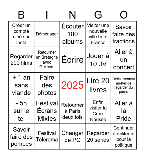 Bingo résolutions de 2025 Bingo Card