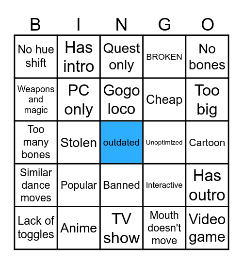 VRchat avatar search insanity Bingo Card