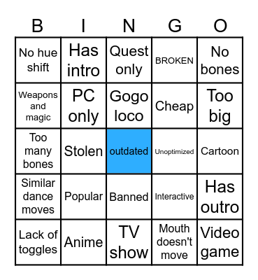 VRchat avatar search insanity Bingo Card
