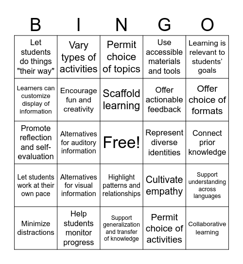 UNIVERSAL DESIGN FOR LEARNING Bingo Card
