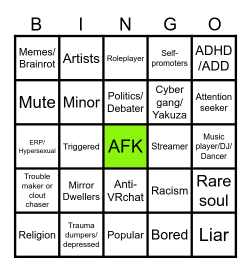 VR public instance 101 Bingo Card
