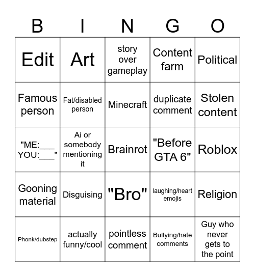 YT short bingo Card