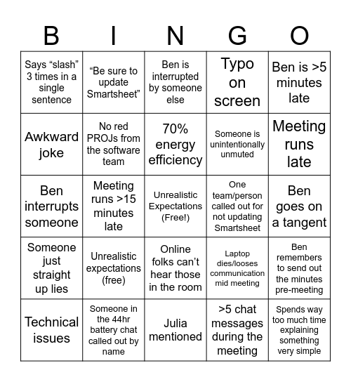 NPI Meeting Bingo Card